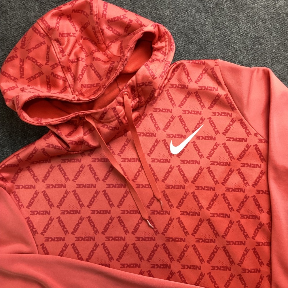 Nike Therma-FIT Hoodie Mens Large Orange Allover Print Pullover Sweatshirt 234
